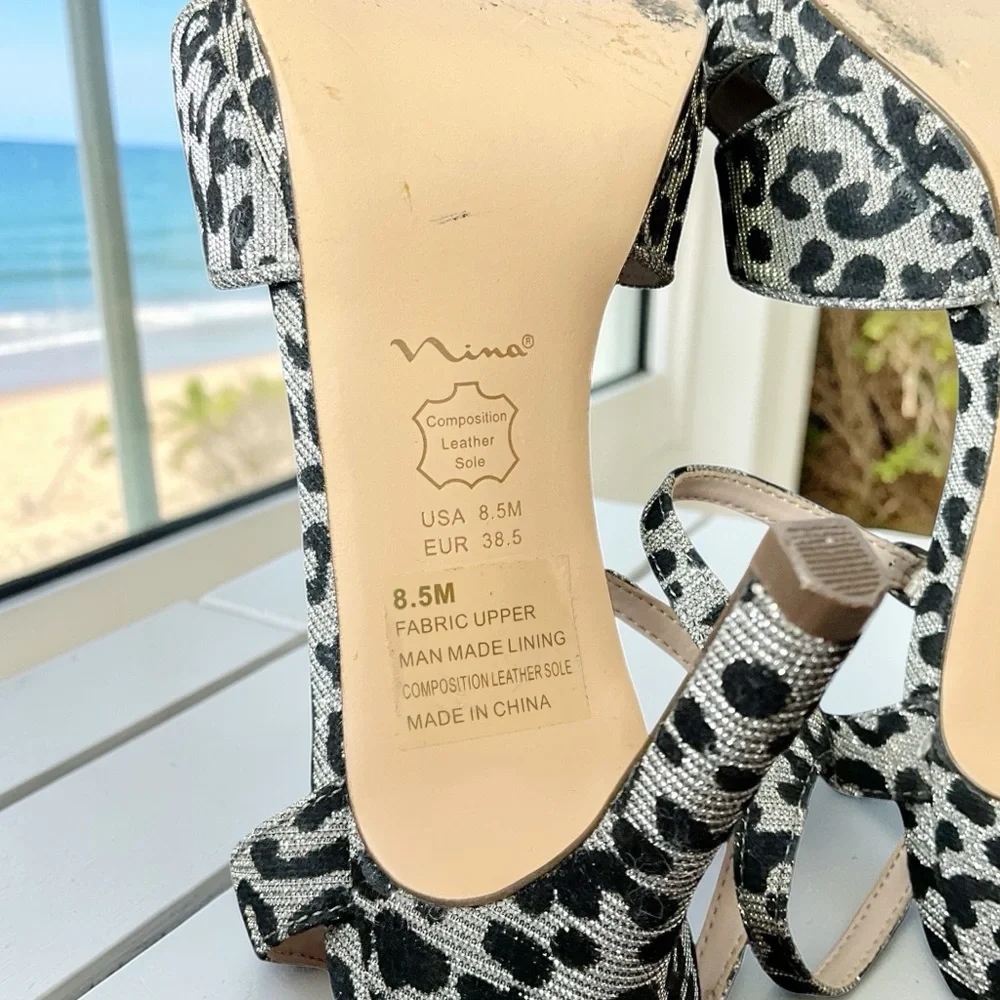 Nina Sparkle Silver Leopard Print Heeled Sandals with Ankle Strap - Picture 9 of 12